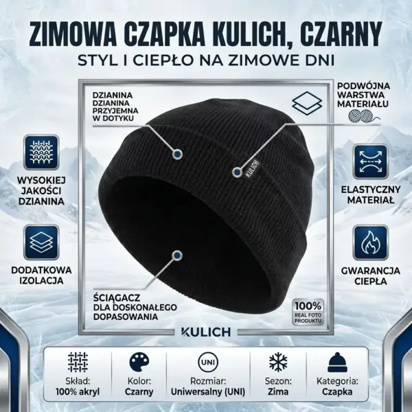 Czarna czapka Kulich - widok pod kątem z liniami wskazującymi na detale wykończenia oraz ikonami informacyjnymi opisującymi właściwości materiału - grafika produktowa na tle zimowego, górskiego krajobrazu