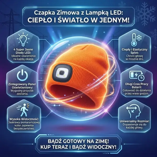 Czapka LED zimowa - jaskrawopomarańczowa, dzianinowa z czarnym modułem świetlnym na froncie, umieszczona w centrum wewnątrz świetlistej kuli, otoczona sześcioma sześciokątnymi panelami z ikonami i opisem cech - na ciemnoniebieskim tle z płatkami śniegu i słupami wysokiego napięcia.