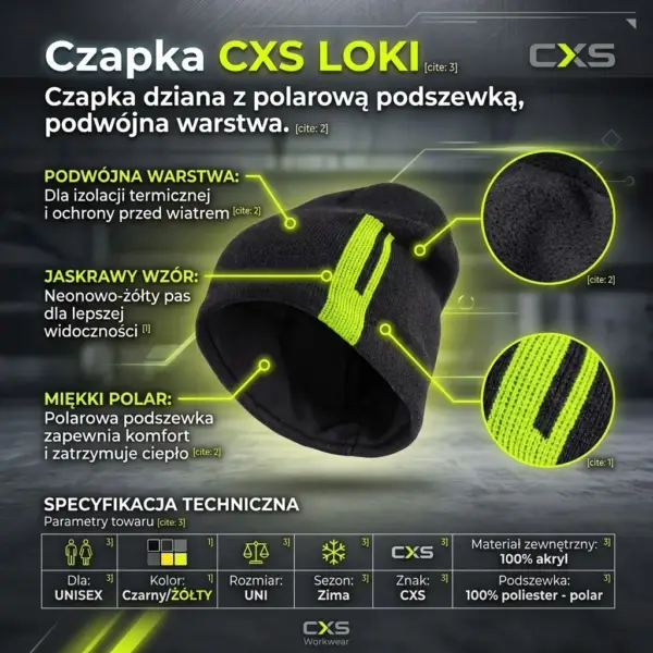 Czapka Loki czarna - grafika informacyjna prezentująca produkt z neonowo-żółtym paskiem, okrągłe detale powiększające fakturę wewnętrznego polaru i zewnętrznego splotu oraz tabelę specyfikacji technicznej z ikonami - na ciemnym, industrialnym tle.