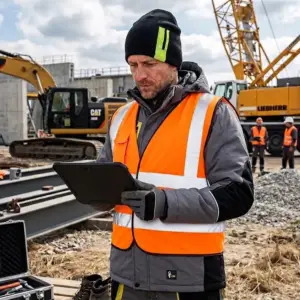 Czapka robocza Loki czarna z jaskrawym pionowym paskiem, założona na głowę pracownika w pomarańczowej kamizelce odblaskowej trzymającego tablet. W tle rozmyty plac budowy z żółtymi maszynami budowlanymi i dźwigiem.