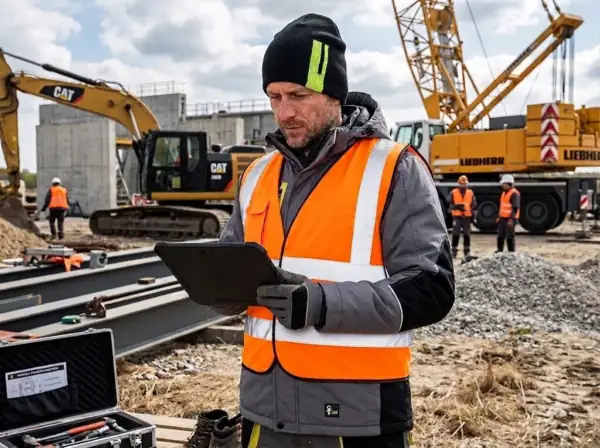 Czapka robocza Loki czarna z jaskrawym pionowym paskiem, założona na głowę pracownika w pomarańczowej kamizelce odblaskowej trzymającego tablet. W tle rozmyty plac budowy z żółtymi maszynami budowlanymi i dźwigiem.