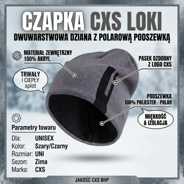 Czapka Loki szara - dziana czapka z czarnym paskiem ozdobnym, ułożona pod kątem eksponującym ciemne wnętrze, otoczona opisami parametrów i strzałkami wskazującymi warstwy materiału - grafika informacyjna na tle rozmytego zimowego krajobrazu.
