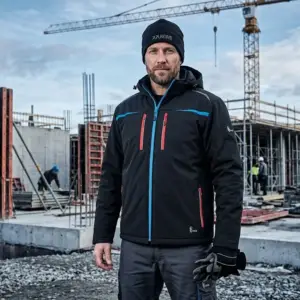 Czapka Planam polarowa - czarna z szarym logo na froncie, założona na głowę mężczyzny w odzieży ochronnej - ujęcie od przodu na tle placu budowy z szalunkami i dźwigiem