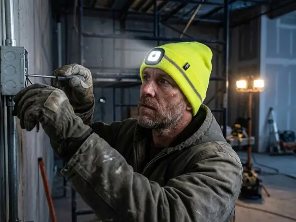 Czapka Tytan LED - półzbliżenie z profilu na pracownika w brudnych rękawicach skórzanych i kurtce roboczej, który operuje śrubokrętem przy ściennej skrzynce elektrycznej. Mężczyzna ma na głowie jaskrawożółtą czapkę z włączoną, świecącą lampką LED i szarym paskiem odblaskowym - w tle widać niedoświetlony plac budowy z rusztowaniem i włączoną lampą stojącą.