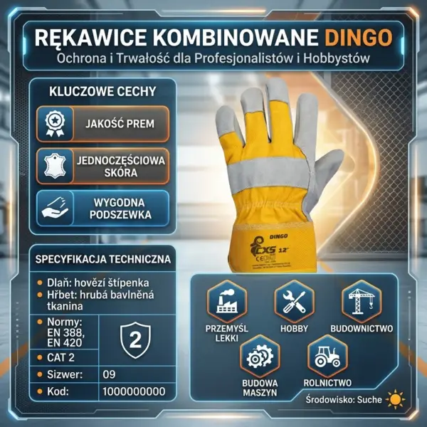 Rękawice kombinowane DINGO - żółto-szary model z dwoiny i bawełny ukazany od strony chwytnej na infografice z parametrami technicznymi i ikonami zastosowań - na tle rozmytego magazynu z nowoczesnym interfejsem.