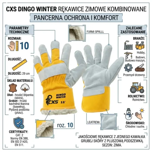 DINGO WINTER OCIEPLANE - infografika produktowa przedstawiająca parę żółto-szarych rękawic ochronnych z widokiem na grzbiet i część chwytną, otoczona opisami parametrów technicznych, ikonami zastosowań oraz zbliżeniami na pluszową podszewkę i fakturę skóry - wycięte na białym tle studyjnym.
