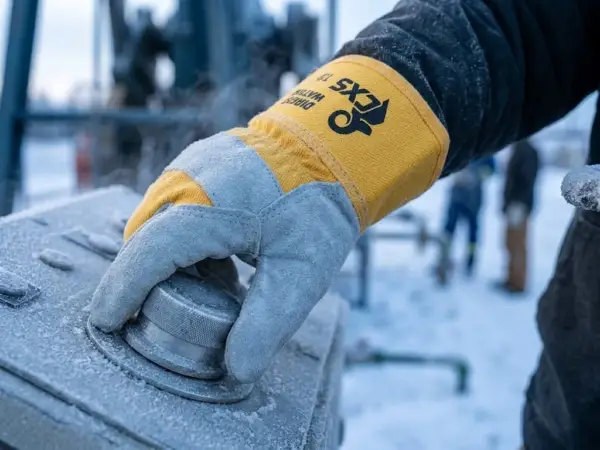 Ocieplane rękawice DINGO WINTER - zbliżenie na dłoń w szaro-żółtej rękawicy z dwoiny bydlęcej, która chwyta oszronione metalowe pokrętło na panelu sterowania - w tle zimowy, zaśnieżony teren przemysłowy z rozmytymi sylwetkami pracowników