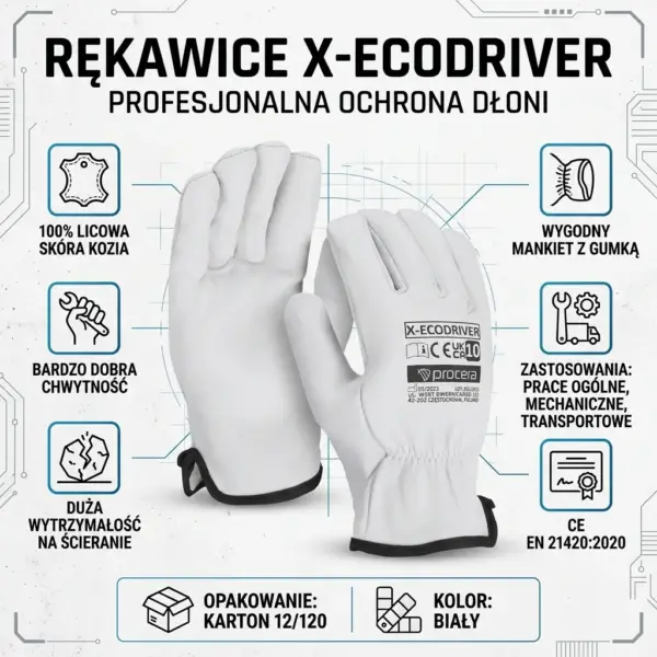 Rękawice robocze X-ECODRIVER - para białych rękawic z koziej skóry ułożona w centrum, otoczona sześcioma ikonami informacyjnymi opisującymi właściwości i zastosowanie - infografika produktowa na jasnym tle z technicznymi liniami