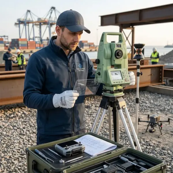 Rękawice robocze ECO DRIVER - jasny model na dłoniach mężczyzny ujętego od pasa w górę, trzymającego przezroczysty ekran przy zielonym tachimetrze - na tle portu przeładunkowego z kontenerami, dźwigami i dronem.
