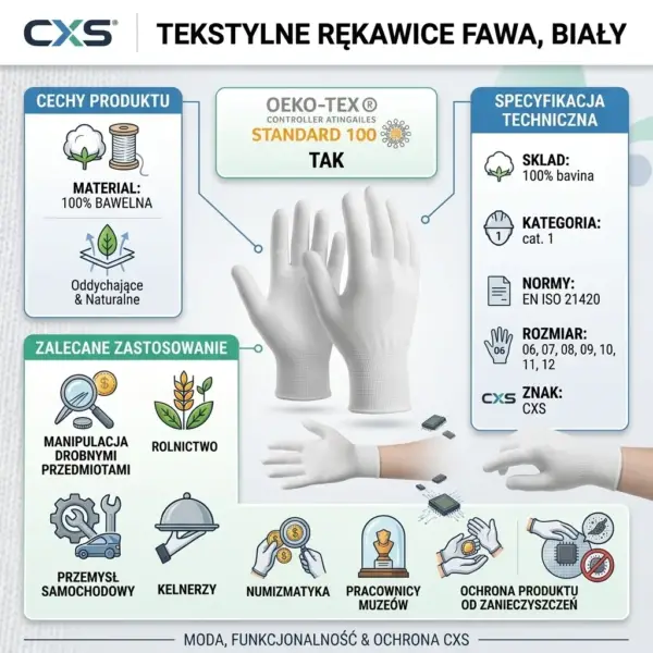 Tekstylne rękawiczki FAWA - szczegółowa infografika z pionowo ułożoną parą białych rękawic w centrum, dłońmi manipulującymi drobną elektroniką oraz zestawem ikon opisujących właściwości i zastosowania - na jasnym tle
