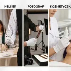 Białe rękawiczki bawełniane FAWA - kolaż trzech zdjęć prezentujący zastosowanie produktu na dłoniach - kelner trzymający kieliszek w restauracji, fotograf z kliszą w studiu oraz kosmetyczka podczas zabiegu.