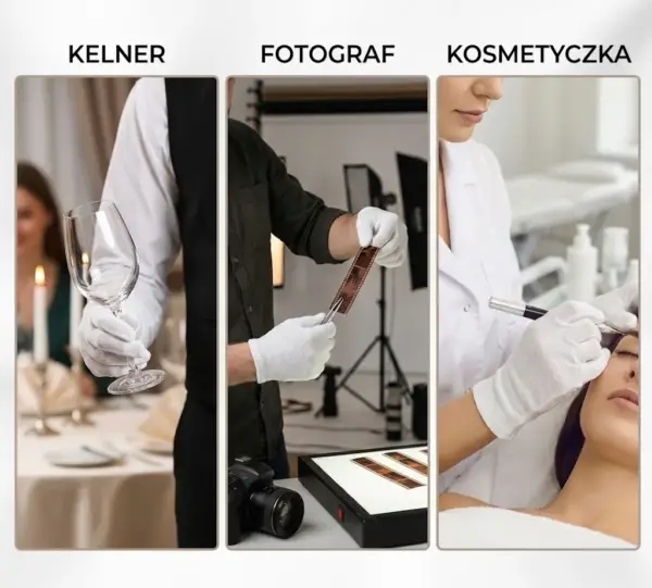 Białe rękawiczki bawełniane FAWA - kolaż trzech zdjęć prezentujący zastosowanie produktu na dłoniach - kelner trzymający kieliszek w restauracji, fotograf z kliszą w studiu oraz kosmetyczka podczas zabiegu.