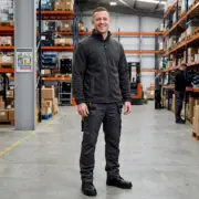 Mężczyzna w szarym polarze roboczym CXS i ciemnoszarych spodniach roboczych z kieszeniami