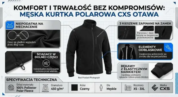 Męska kurtka polarowa CXS Otawa w kolorze czarnym z detalami technicznymi.