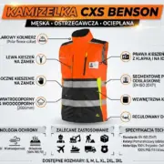 Kamizelka ostrzegawcza CXS Benson z opisem funkcji i specyfikacją techniczną.