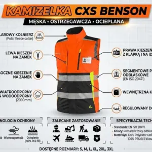Kamizelka ostrzegawcza CXS Benson z opisem funkcji i specyfikacją techniczną.