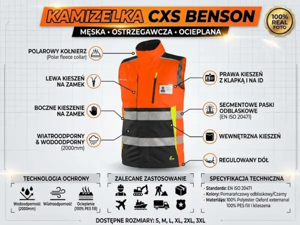 Kamizelka ostrzegawcza CXS Benson z opisem funkcji i specyfikacją techniczną.