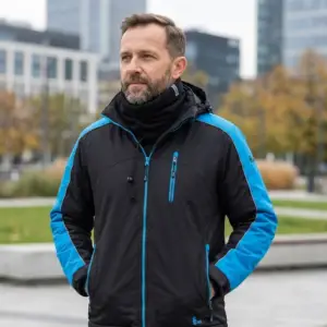 Komin Planam polarowy w kolorze czarnym, ułożony na szyi brodatego mężczyzny w czarno-niebieskiej kurtce roboczej. Ujęcie od pasa w górę na modelu z rękami w kieszeniach, na rozmytym tle miejskiej architektury i jesiennych drzew.