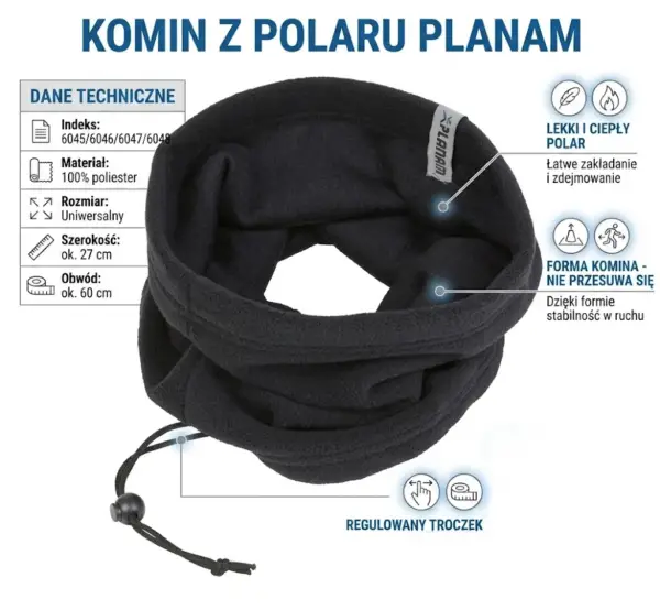 Czarny komin polarowy Planam - ułożony przestrzennie z widoczną szarą metką i dolnym ściągaczem ze stoperem, otoczony infografikami z danymi technicznymi i cechami produktu - wycięte na białym tle studyjnym.