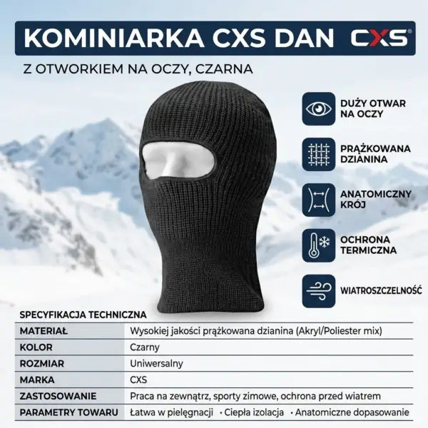 Kominiarka robocza CXS DAN - czarna, prążkowana dzianina z szerokim otworem na oczy, zaprezentowana na manekinie w ujęciu pod kątem - na tle ośnieżonych gór wraz z infografiką i tabelą specyfikacji technicznej