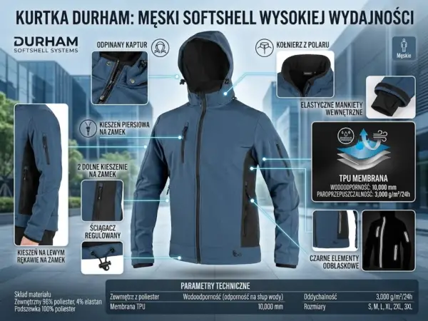 KURTKA DURHAM NIEBIESKI softshell - infografika ze zdjęciem frontu odzieży i powiększeniami detali (odpinany kaptur, kieszenie na zamek, mankiety, odblaski) oraz tabelą parametrów - na tle rozmytego, nowoczesnego budynku biurowego.