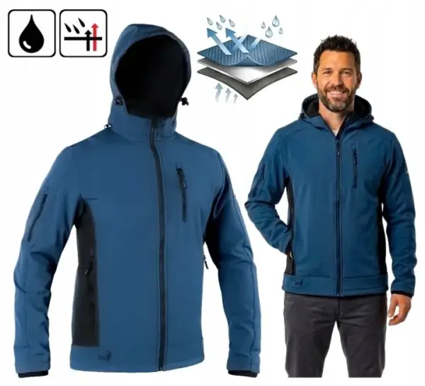 Wodoodporna kurtka robocza softshell z polarem męska w kolorze niebieskim z czarnymi wstawkami, zaprezentowana na modelu oraz jako sam produkt z kapturem, z dodatkowymi ikonami właściwości i grafiką trójwarstwowego materiału, wycięte na białym tle studyjnym.