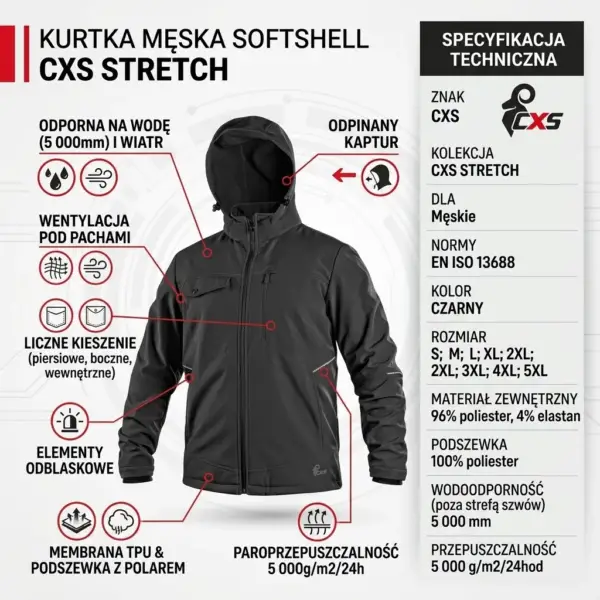 Czarna kurtka robocza softshell CXS - infografika produktowa ze zdjęciem frontu z kapturem, otoczona ikonami i czerwonymi liniami wskazującymi parametry techniczne oraz tabelą specyfikacji - na jasnym tle.