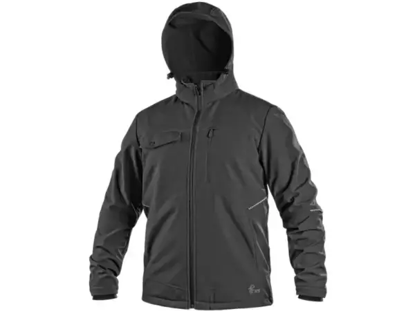 Czarna kurtka robocza softshell CXS Stretch - widok z przodu, zapięta na zamek główny, z kapturem, asymetrycznymi kieszeniami na piersi oraz odblaskowymi wstawkami na rękawach - wycięte na białym tle studyjnym