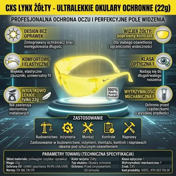 Okulary ochronne LYNX żółte - infografika produktowa ukazująca okulary pod kątem na podświetlanym podeście, otoczone ikonami informacyjnymi o właściwościach i tabelą ze specyfikacją techniczną - na ciemnym, technologicznym tle z motywem cyfrowej siatki