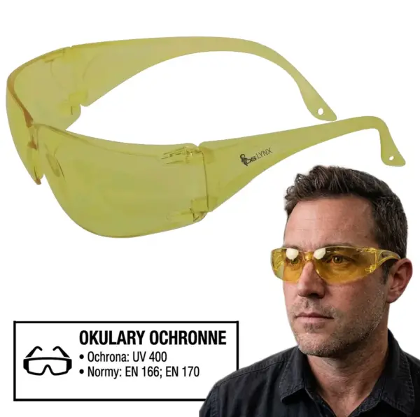 zolte okulary do jazdy w nocy - model LYNX z żółtymi szybkami bez oprawek ukazany pod kątem oraz na twarzy mężczyzny, z panelem informacyjnym o normach - wycięte na białym tle studyjnym