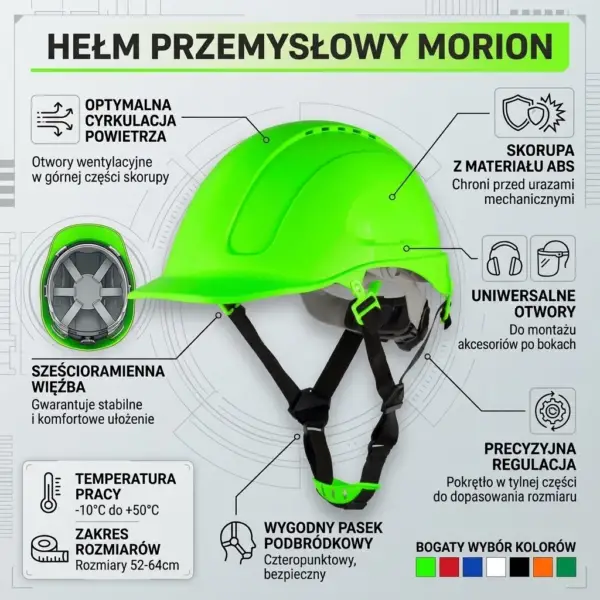 Hełm przemysłowy MORION NEON - jaskrawozielona skorupa z paskiem podbródkowym w ujęciu z boku, przedstawiona w formie infografiki z ikonami i opisami parametrów technicznych oraz dodatkowym rzutem na wewnętrzną więźbę - na jasnoszarym tle z motywem siatki technicznej.
