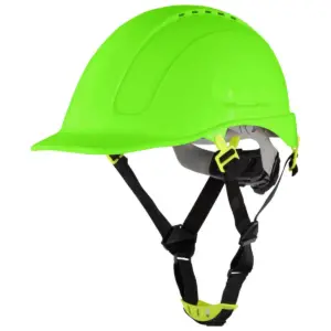 Kask ochronny roboczy MORION NEON w jaskrawym zielonym kolorze, widok pod kątem z widocznym czarnym paskiem podbródkowym i szarą więźbą wewnętrzną, wycięte na białym tle studyjnym.