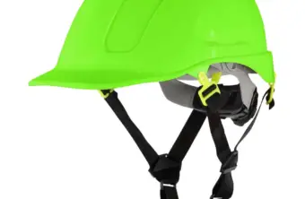 Kask ochronny roboczy MORION NEON w jaskrawym zielonym kolorze, widok pod kątem