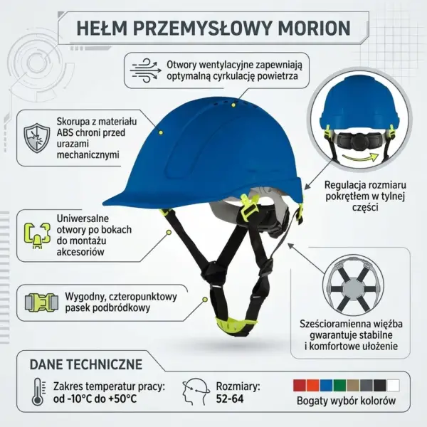 Hełm przemysłowy MORION NIEBIESKI - grafika informacyjna prezentująca produkt pod kątem z liniami wskazującymi detale budowy, wstawkami pokazującymi tył z pokrętłem i wnętrze z więźbą oraz danymi technicznymi - na jasnym tle z motywem siatki.