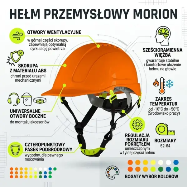 Pomarańczowy hełm przemysłowy Morion - infografika produktowa ukazująca kask pod kątem wraz z opisami jego elementów, takich jak skorupa ABS, otwory wentylacyjne, pasek podbródkowy i pokrętło regulacji rozmiaru - na jasnym tle z technicznymi liniami.