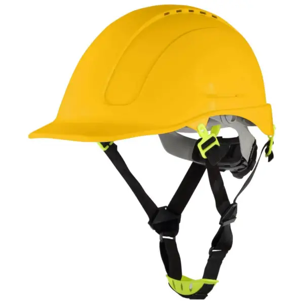 MORION ZOLTY kask budowlany z wentylacja - żółty hełm ochronny z czarnym paskiem podbródkowym i szarą więźbą, ujęcie pod kątem z profilu - wycięte na białym tle studyjnym