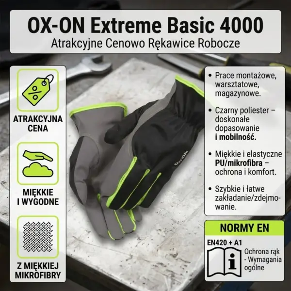 Rękawice robocze OX-ON Extreme Basic 4000 - para szaro-czarnych rękawic z neonowo zielonymi wstawkami, ułożona na metalowym blacie, otoczona infografikami opisującymi zalety materiałów i normę EN 420 - na tle rozmytych narzędzi warsztatowych.