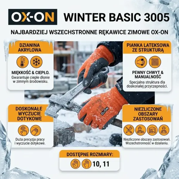 Zimowe rękawice ochronne OX-ON WINTER BASIC 3005 - zbliżenie na dłonie w pomarańczowo-szarych rękawicach trzymające oszronione narzędzie, otoczone panelami informacyjnymi z cechami produktu - na rozmytym tle zimowego placu budowy.