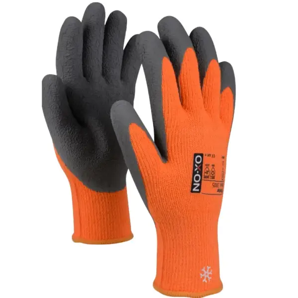 Zimowe rękawice robocze OX-ON WINTER BASIC 3005 - para pomarańczowych rękawic z szarą, chropowatą powłoką na części chwytnej, widok z przodu i z tyłu ukazujący czarną metkę z logo oraz biały płatek śniegu na mankiecie - wycięte na białym tle studyjnym.