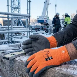 Zimowe rękawice robocze OX-ON WINTER BASIC 3005 - zbliżenie na dłonie w pomarańczowo-szarych rękawicach oparte na ośnieżonej drewnianej belce obok klucza i poziomicy - w rozmytym tle zimowy plac budowy z dźwigiem i pracownikami.