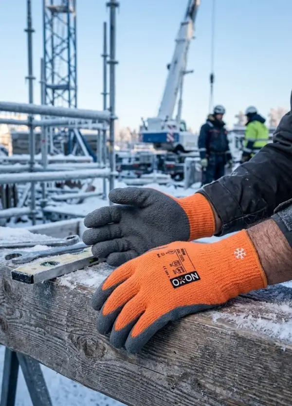 Zimowe rękawice robocze OX-ON WINTER BASIC 3005 - zbliżenie na dłonie w pomarańczowo-szarych rękawicach oparte na ośnieżonej drewnianej belce obok klucza i poziomicy - w rozmytym tle zimowy plac budowy z dźwigiem i pracownikami.