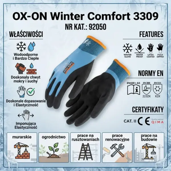 Zimowe rękawice ochronne OX-ON Winter Comfort 3309 - para niebiesko-czarnych rękawic z pomarańczowym ściągaczem ułożona centralnie, ukazująca grzbiet i część chwytną - grafika informacyjna z ikonami właściwości, normami EN, certyfikatami i zastosowaniami na tle z motywem szronu