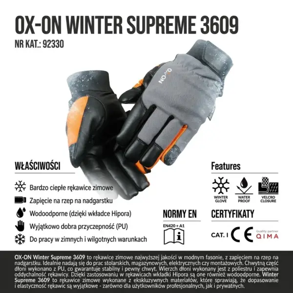 Zimowe rękawice ochronne OX-ON WINTER SUPREME 3609 - para szaro-czarnych rękawic z pomarańczowymi wstawkami ułożona krzyżowo, ukazująca wierzch z zapięciem na rzep oraz czarną część chwytną, otoczona ikonami właściwości i tekstem - karta produktowa na białym tle