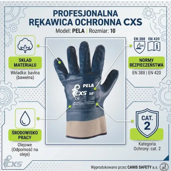 Rękawica ochronna CXS PELA - widok z przodu w centrum infografiki produktowej z opisami parametrów technicznych, ikonami norm bezpieczeństwa i składu materiału - na jasnym tle z motywem kół zębatych