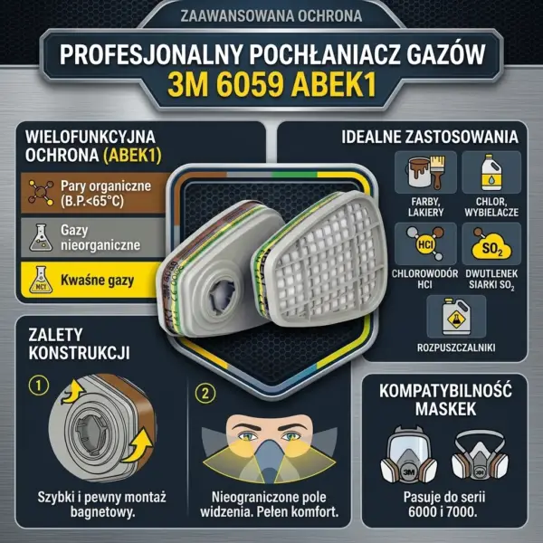 Pochłaniacz 3M 6059 ABEK1 - infografika prezentująca dwa szare, trapezoidalne filtry w centrum, otoczone kafelkami z ikonami ilustrującymi wielofunkcyjną ochronę, idealne zastosowania, montaż bagnetowy i kompatybilność z maskami - na ciemnoszarym, metalicznym tle.