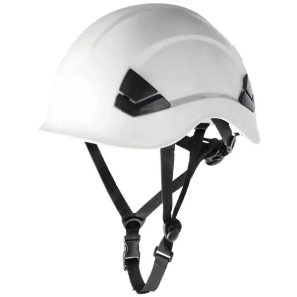 SALLET BIALY kask do prac wysokosciowych - biały ze zwisającym czarnym paskiem podbródkowym i czarnymi detalami, ujęcie pod kątem - wycięte na białym tle studyjnym