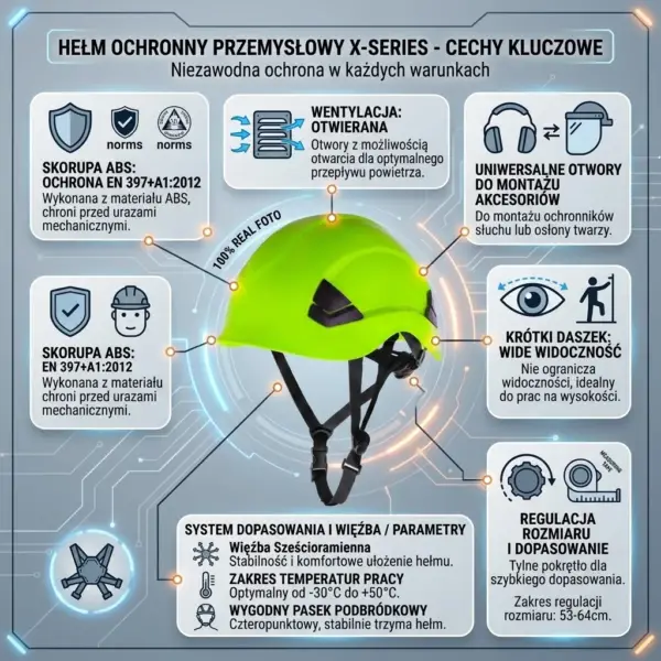 Hełm do prac na wysokości SALLET NEON - neonowozielona skorupa z krótkim daszkiem i czarnym paskiem podbródkowym, ukazana pod kątem. Wokół kasku znajdują się panele z ikonami opisujące cechy kluczowe, takie jak wentylacja, regulacja i normy - techniczna infografika produktowa na szarym tle z motywem obwodów.
