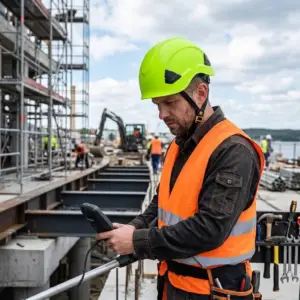 Hełm do prac na wysokości SALLET NEON - ujęcie z boku na pracownika w jaskrawożółtym kasku z zapiętym czarnym paskiem podbródkowym i pomarańczowej kamizelce odblaskowej, obsługującego urządzenie pomiarowe - w tle rozmyty plac budowy z rusztowaniami i koparką