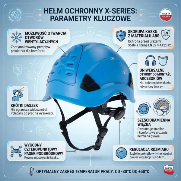 Hełm ochronny Sallet Niebieski - widok pod kątem z przodu, otoczony ikonami i ramkami opisującymi kluczowe parametry takie jak krótki daszek, wentylacja i pasek podbródkowy - grafika informacyjna na jasnoniebieskim tle