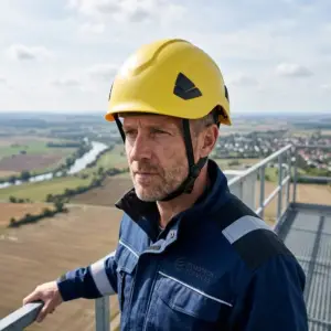 Żółty hełm przemysłowy SALLET - założony na głowę pracownika w niebieskiej kurtce roboczej, widoczny zapięty czarny pasek podbródkowy i krótki daszek - ujęcie z półprofilu na metalowej platformie na tle rozległego krajobrazu z rzeką.